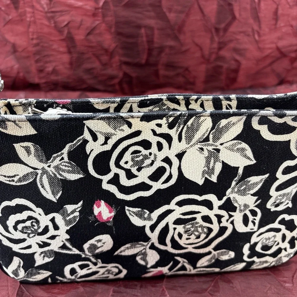 Vintage Lulu Guinness Black White Pink Rosebud Print Baguette Style Handbag  EUC